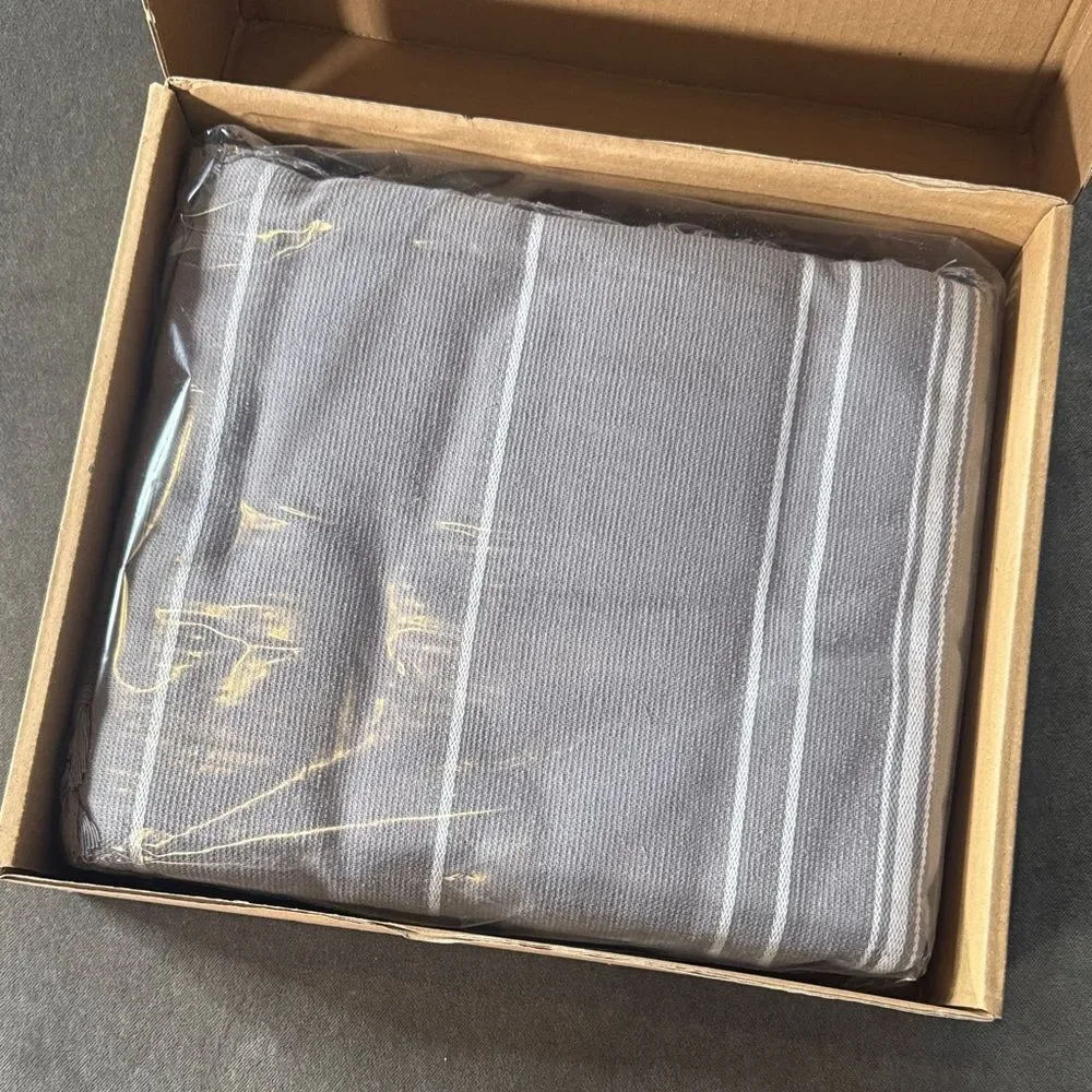 Adult Unisex Gray Striped Poncho Towel & Headband 100% Cotton Turkish Robe NEW